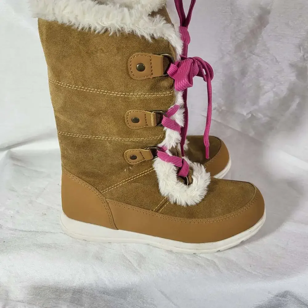 DSG Girls Tan Faux Fur Winter Boots with Pink Laces Size 3